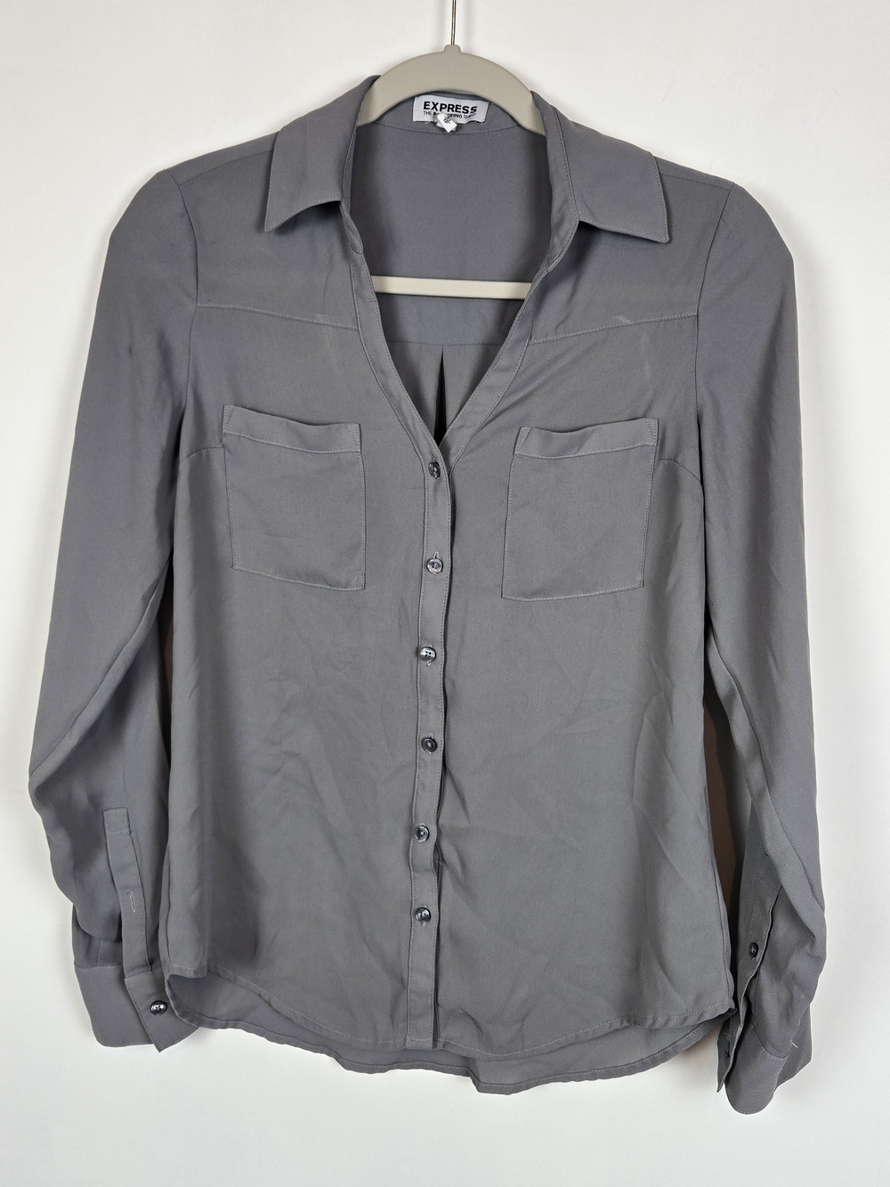 Express Portofino Women's Long-Sleeve Light Gray Lightweight Button-Up Shirt XS